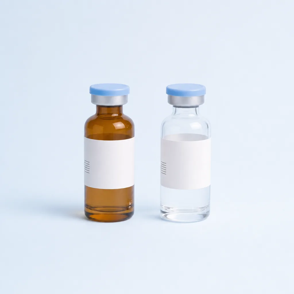 An amber glass vial next to a clear glass vial