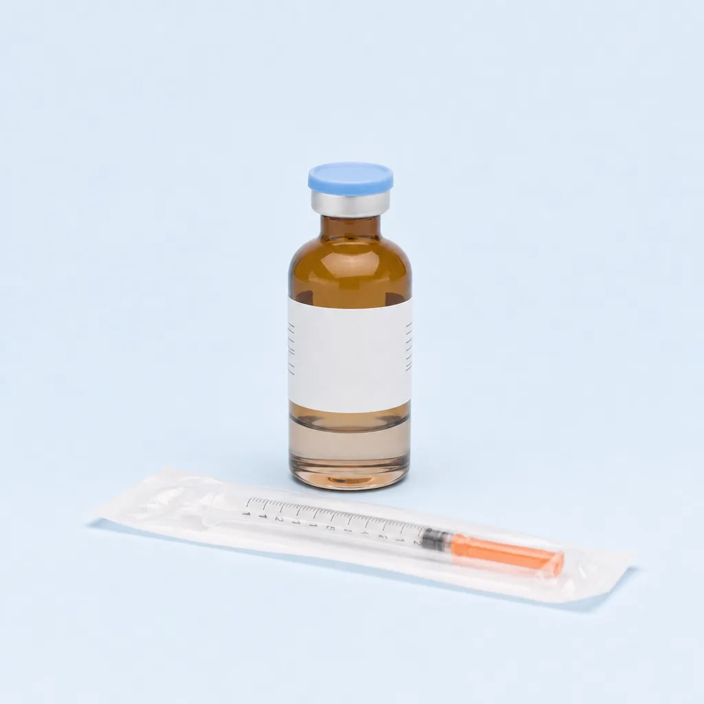 An amber medication vial with a small amount of liquid at the bottom, beside a sealed syringe