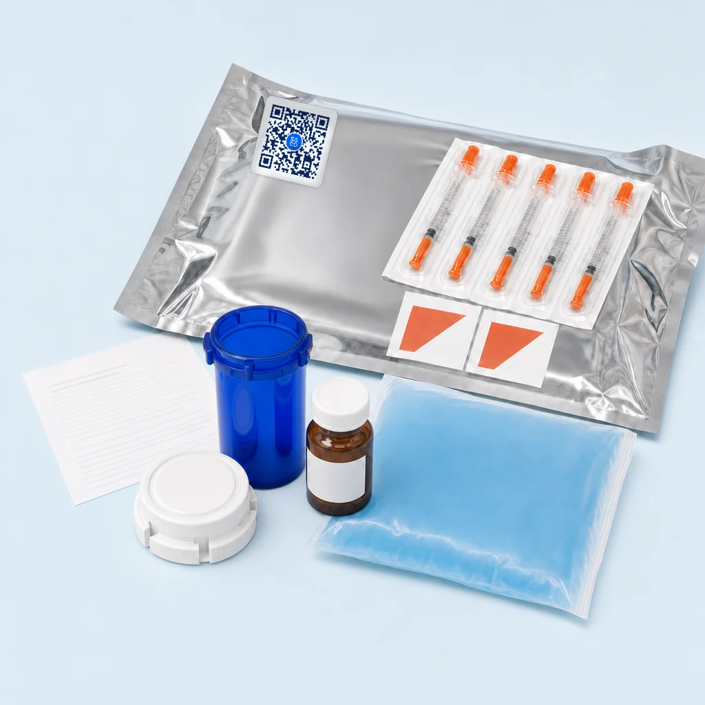 An amber medication vial beside an insulated shipping cooler with gel ice packs, syringes and alcohol pads