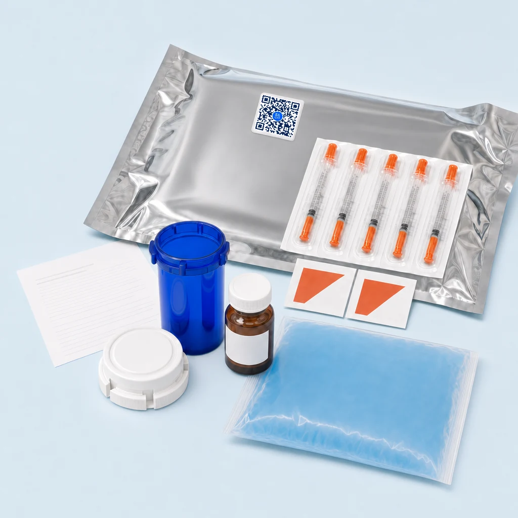 An amber medication vial beside an insulated shipping cooler with gel ice packs, syringes and alcohol pads
