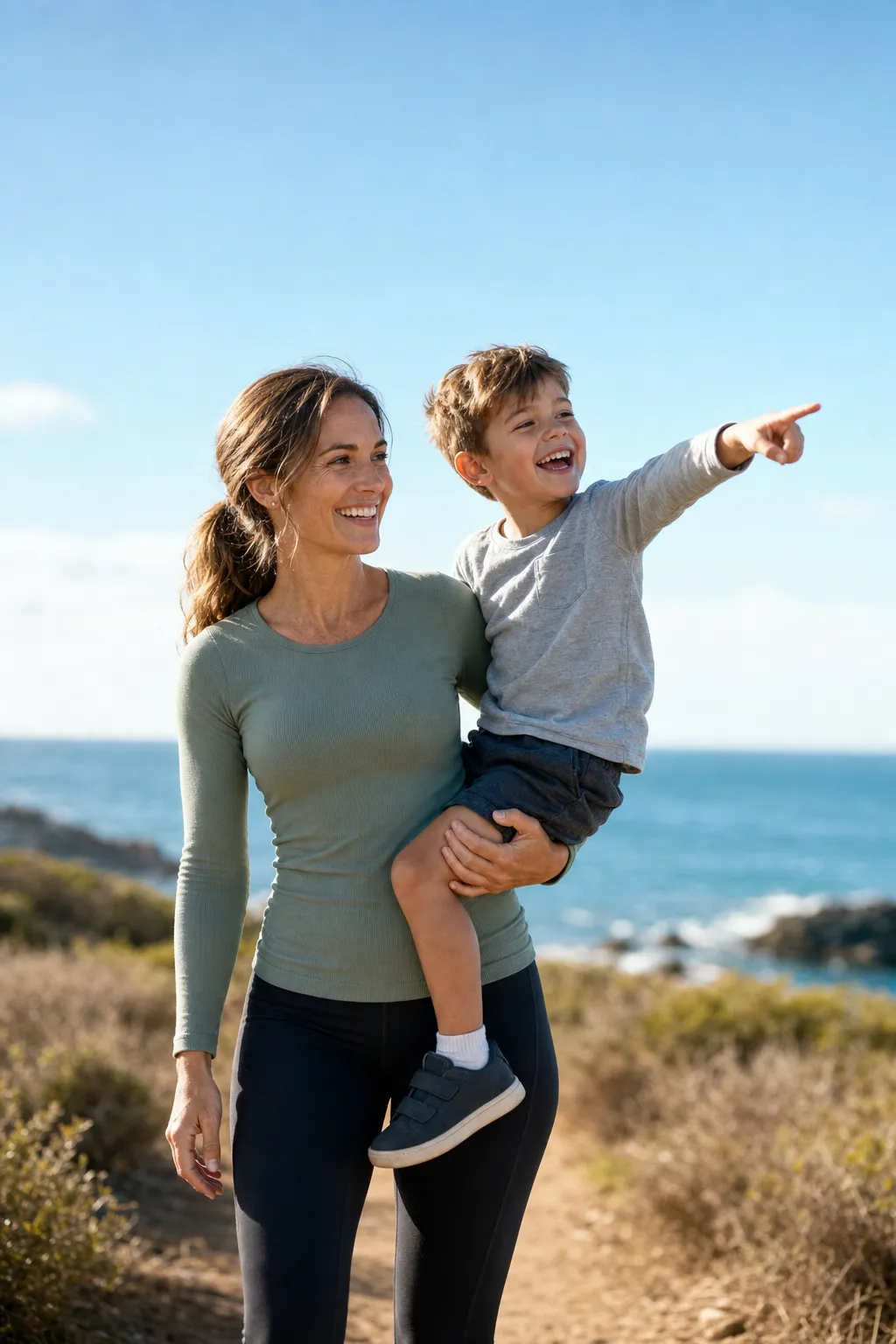 A smiling mother carrying her young son on a sunny coastal trail
