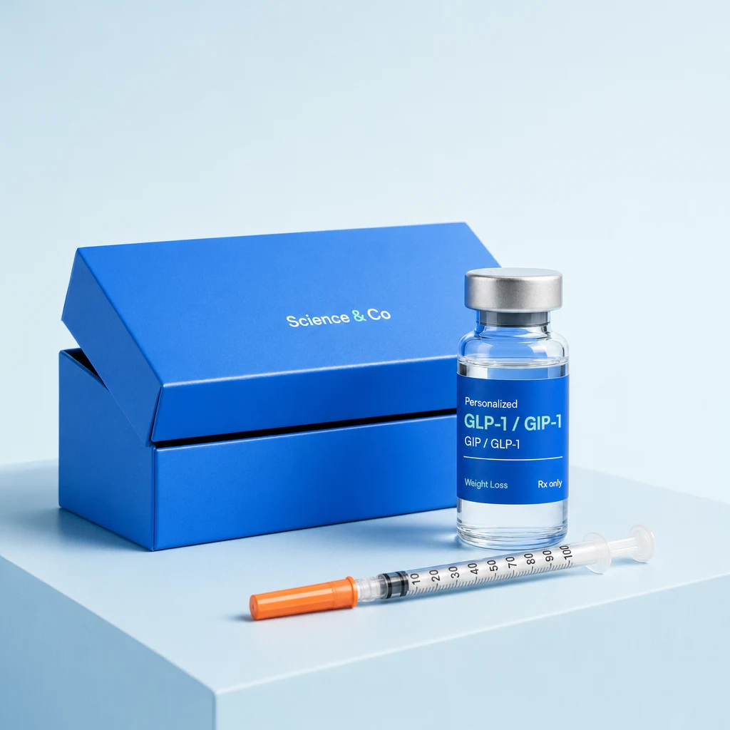 A Science and Co box with a GLP-1 / GIP-1 vial and syringe