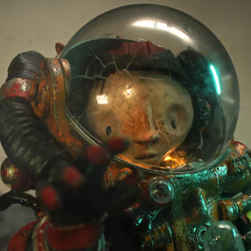 Close-up of a figure in a vintage, rusty astronaut suit with a cracked, transparent helmet and a weathered face reaching forward.