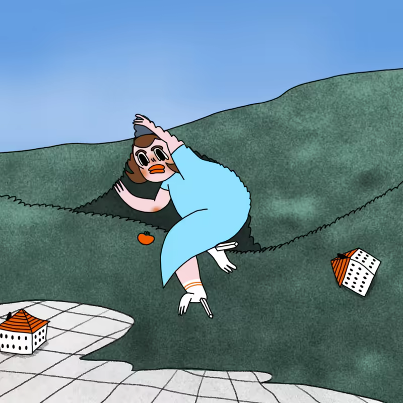Cartoon woman in a light blue dress falling backward down a green hill, with a small orange object and two small houses with orange roofs on the hill and ground, under a clear blue sky.