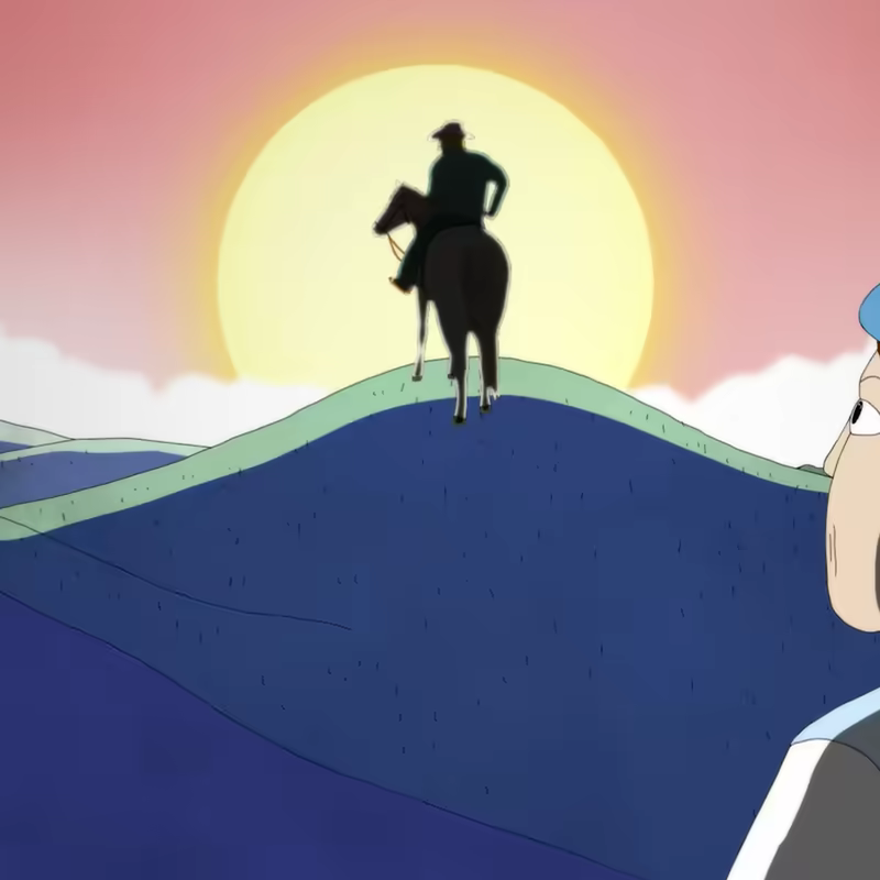 Silhouette of a person riding a horse on a hill at sunset with a large yellow sun and pink sky in the background, and a partial view of a person wearing a blue hat looking on.