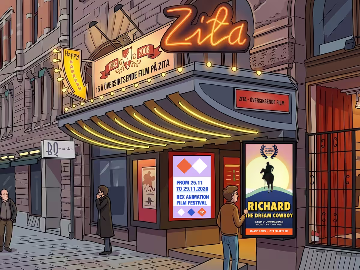 Illustration of the Zita Folkets Bio entrance with the REX Animation Film Festival poster in the window