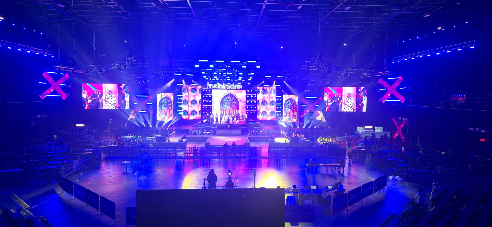 Blue-lit stage in an event venue