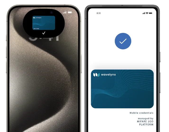 Wavelynx access credential shown in Apple Wallet and Google Wallet on a smartphone
