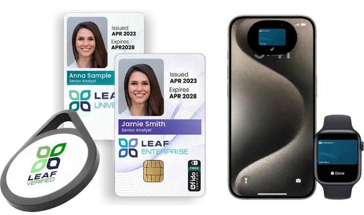 LEAF credential family: key fob, ID cards, and mobile credential on iPhone and Apple Watch
