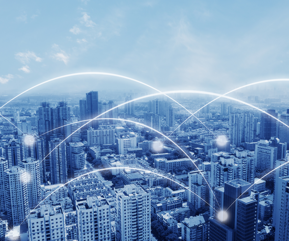 A blue cityscape has connecting lines from building to building.