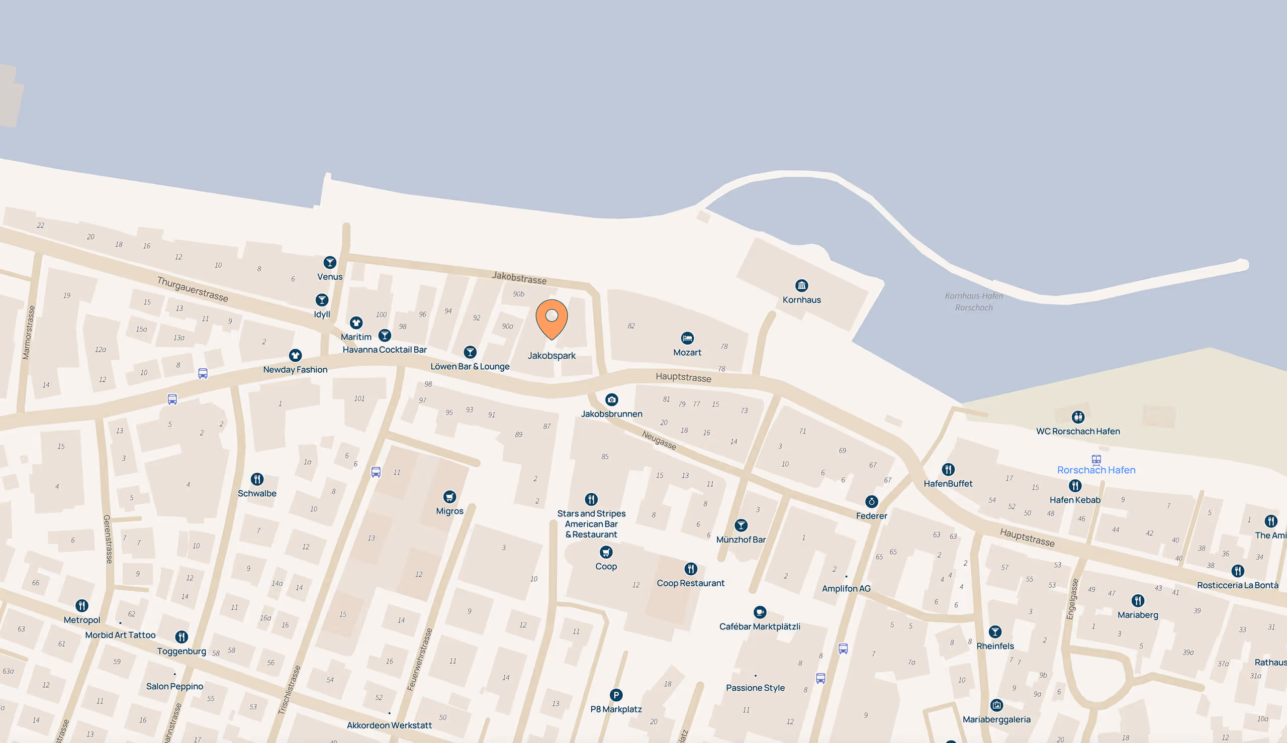Karte von Rorschach mit Jakobspark, Restaurants, Bars, Geschäften und Hafen am Bodensee.