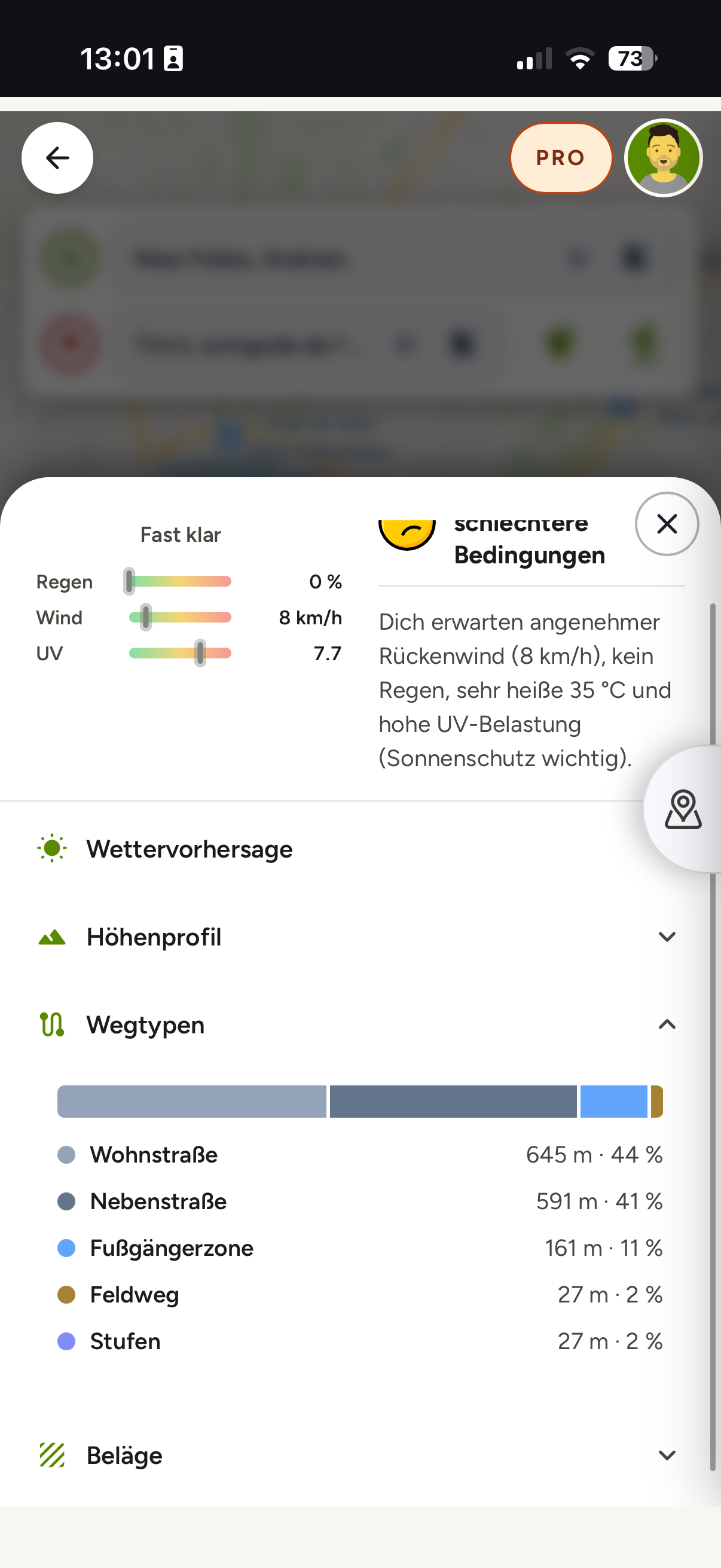 Wetter direkt auf der Route: Regen, Wind und UV mit Hinweis, dazu Wegtypen- und Belag-Aufschlüsselung