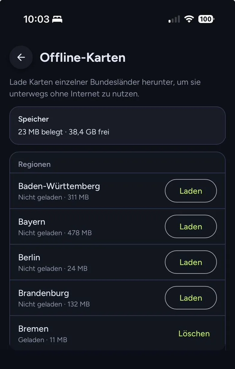Offline-Karten in der App: Liste der Bundesländer mit Download je Land