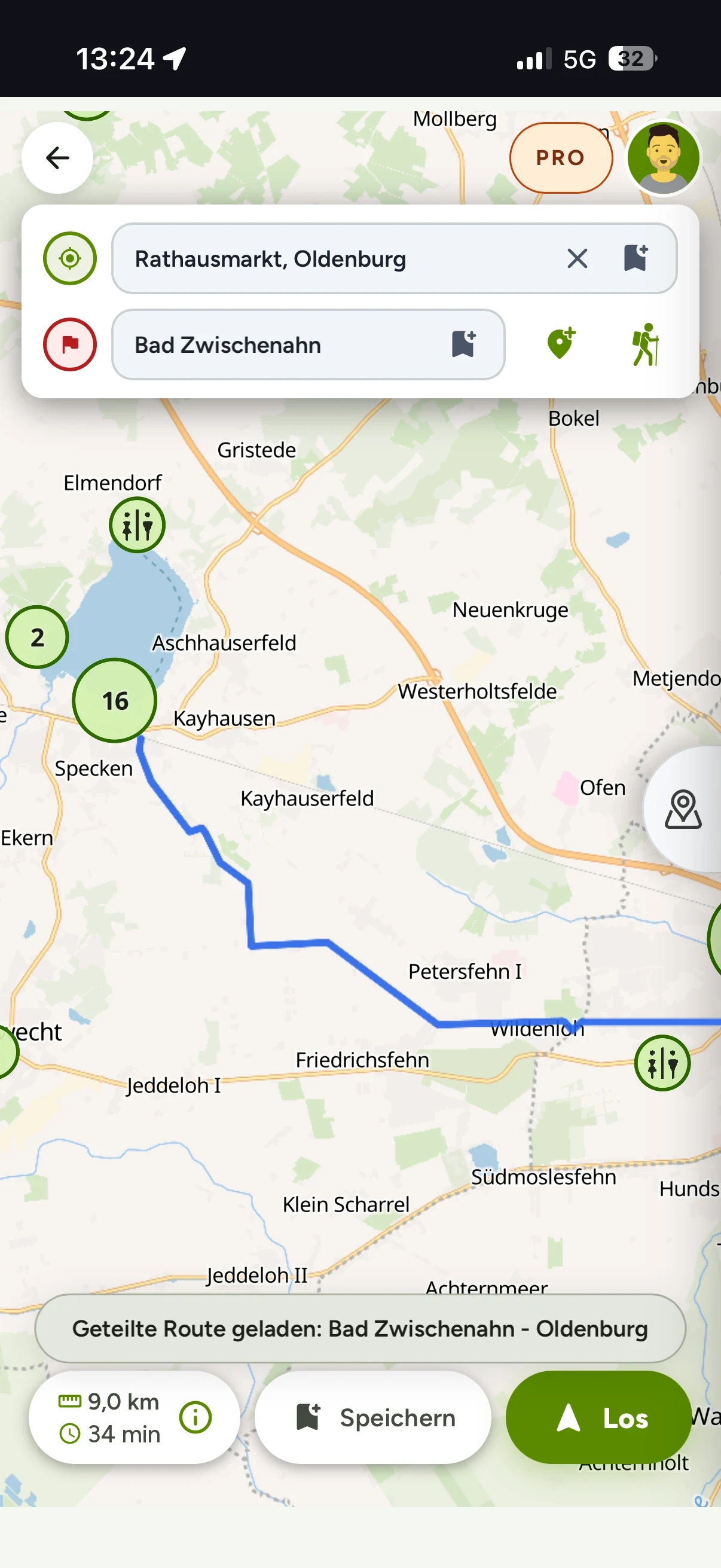 Routenplanung in der App: Start Rathausmarkt Oldenburg, geladene Route Bad Zwischenahn nach Oldenburg, 9,0 Kilometer, 34 Minuten