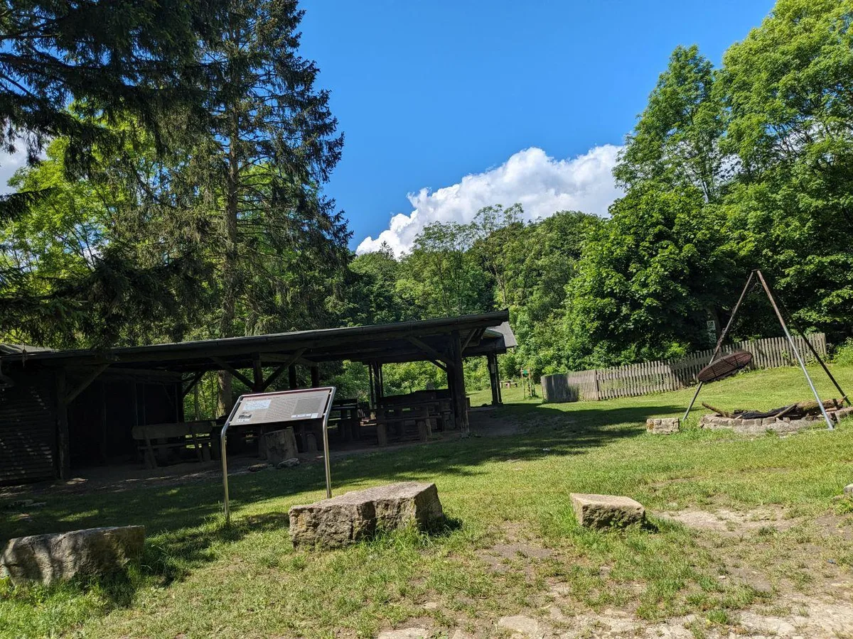 Überdachter Grillplatz mit Infotafel und Sitzblöcken auf einer Wiese am Waldrand