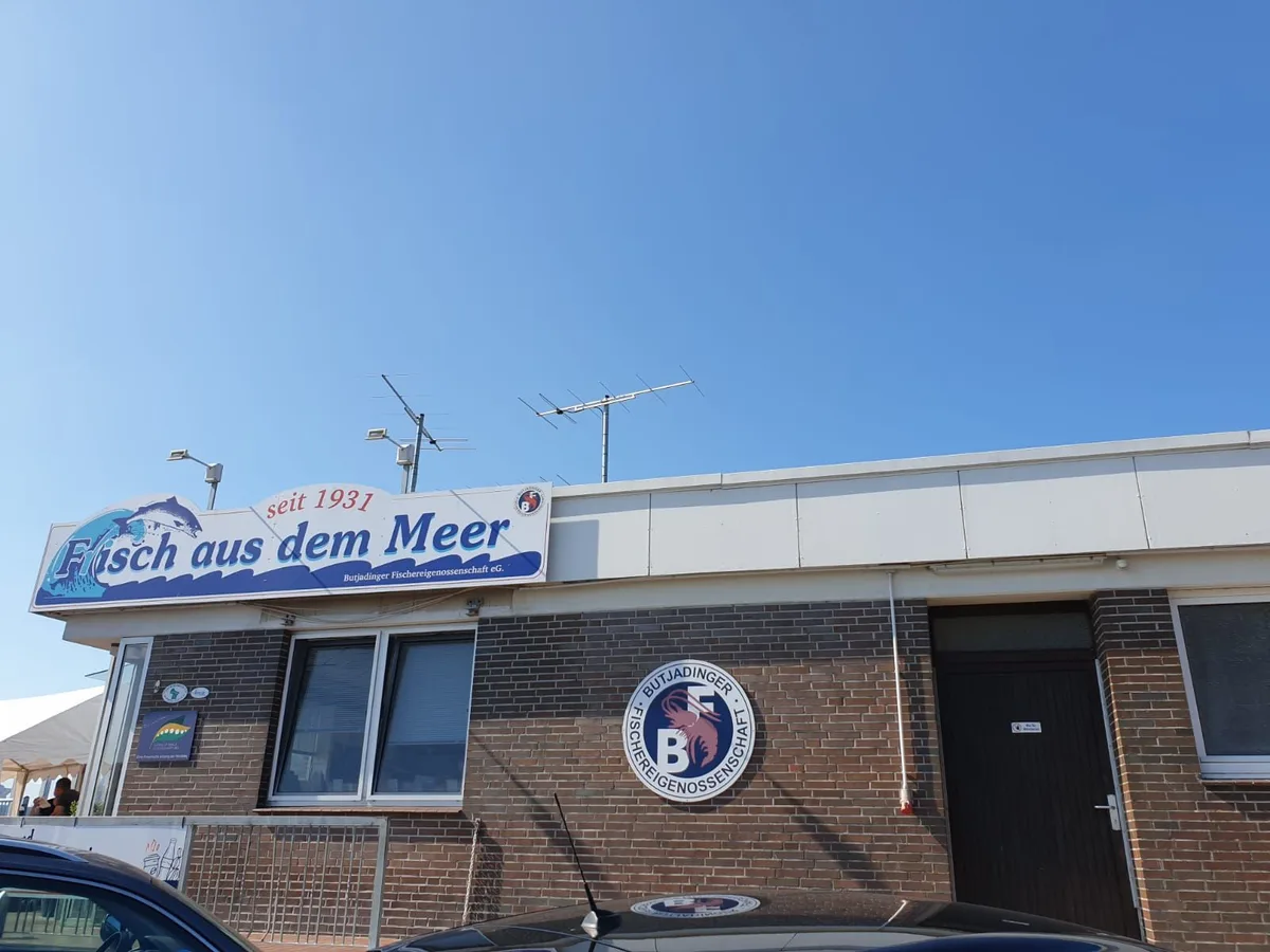 Flacher Backsteinbau unter blauem Himmel, über dem Eingang ein Werbeschild des Fischgeschäfts, davor der Parkplatz am Hafen