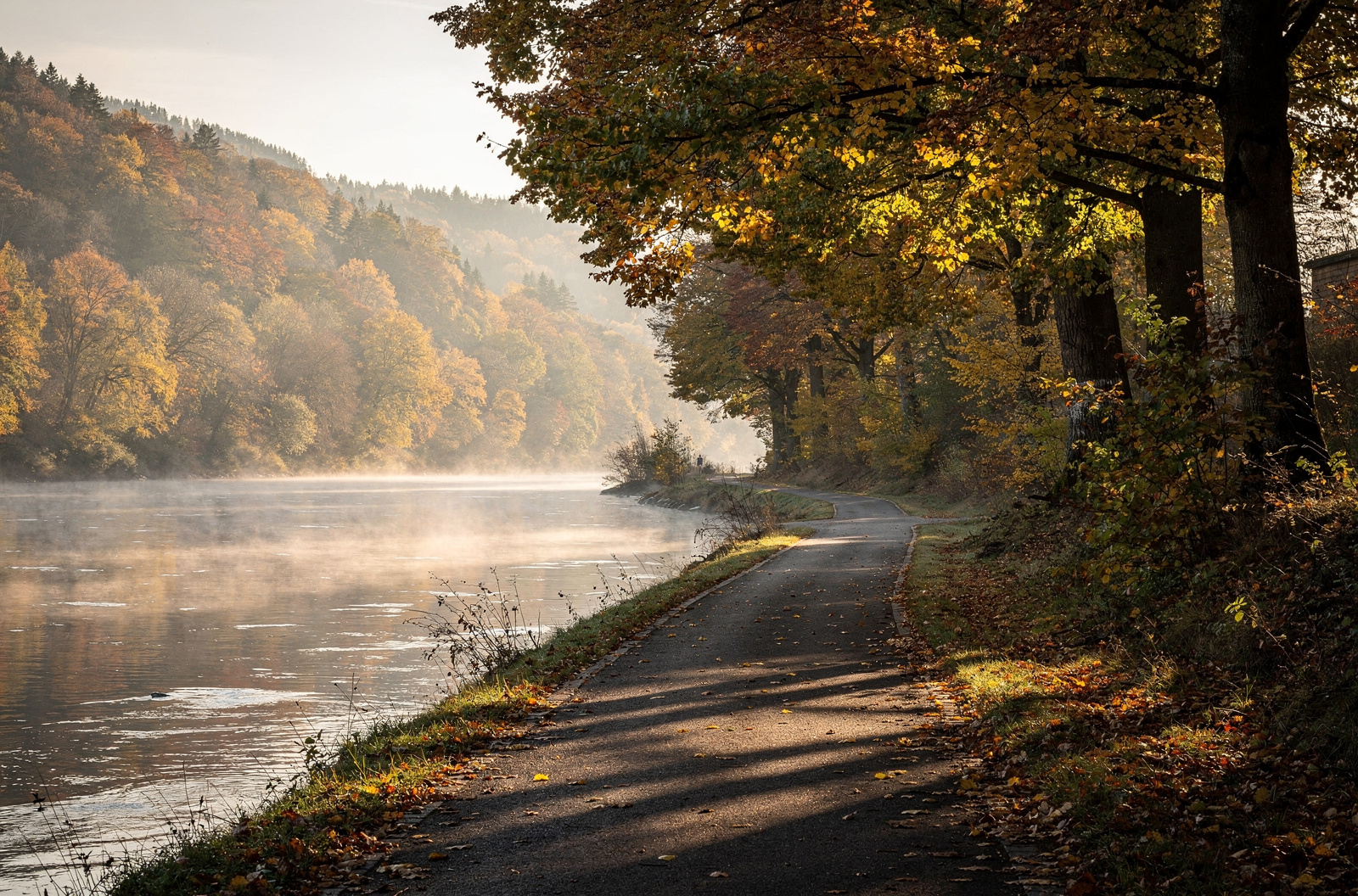 KI-generiertes Bild: Asphaltierter Uferweg an einem breiten Fluss im Herbst, Laub auf dem Weg, Nebelschleier über dem Wasser, bewaldete Hänge in Gelb- und Brauntoenen im Hintergrund
