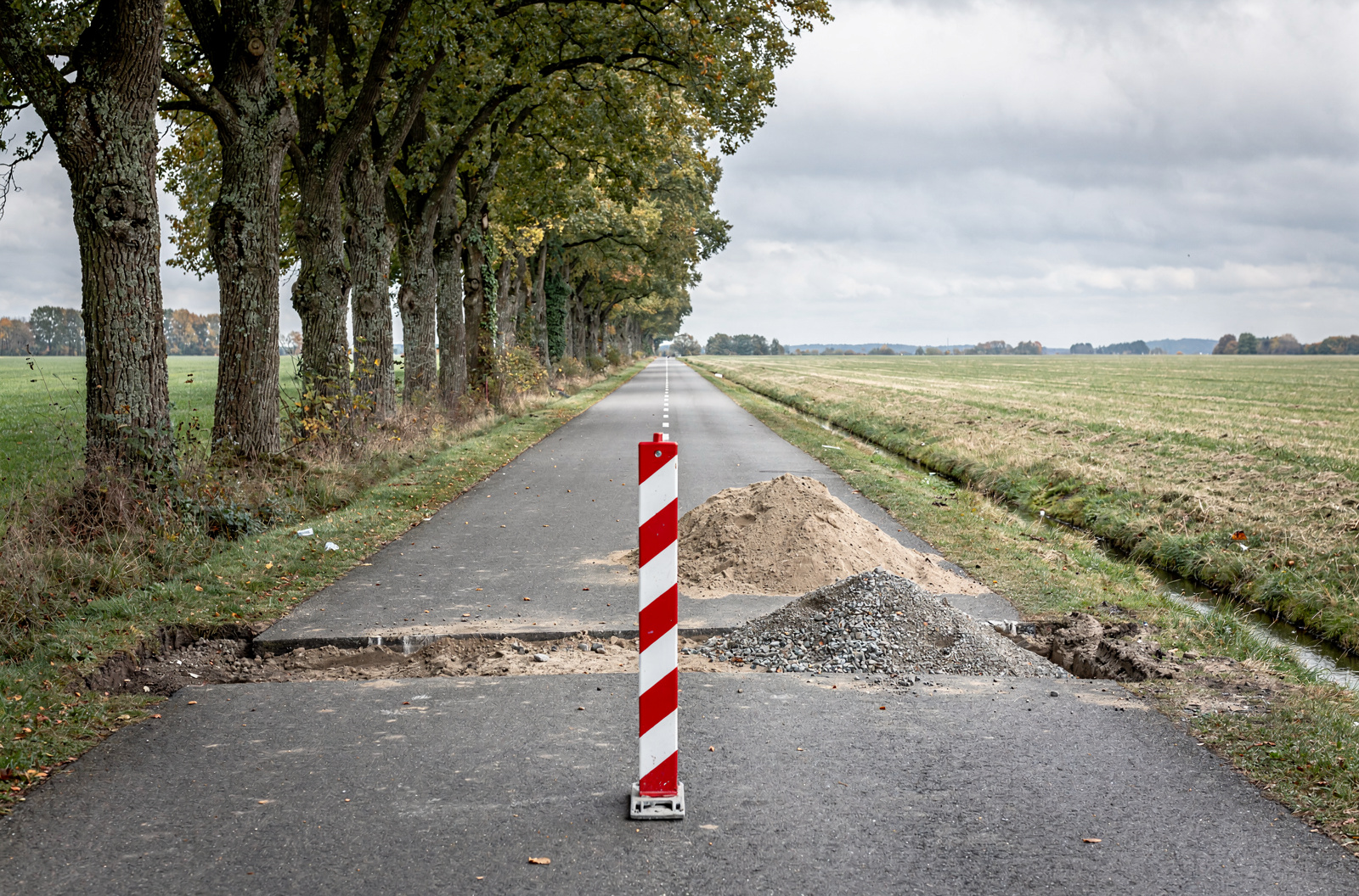 KI-generiertes Bild: Asphaltierter Wirtschaftsweg zwischen einer Eichenallee und einem Feld, quer davor eine rot-weiße Absperrbake, dahinter ein aufgegrabener Wegabschnitt mit Sand- und Schotterhaufen