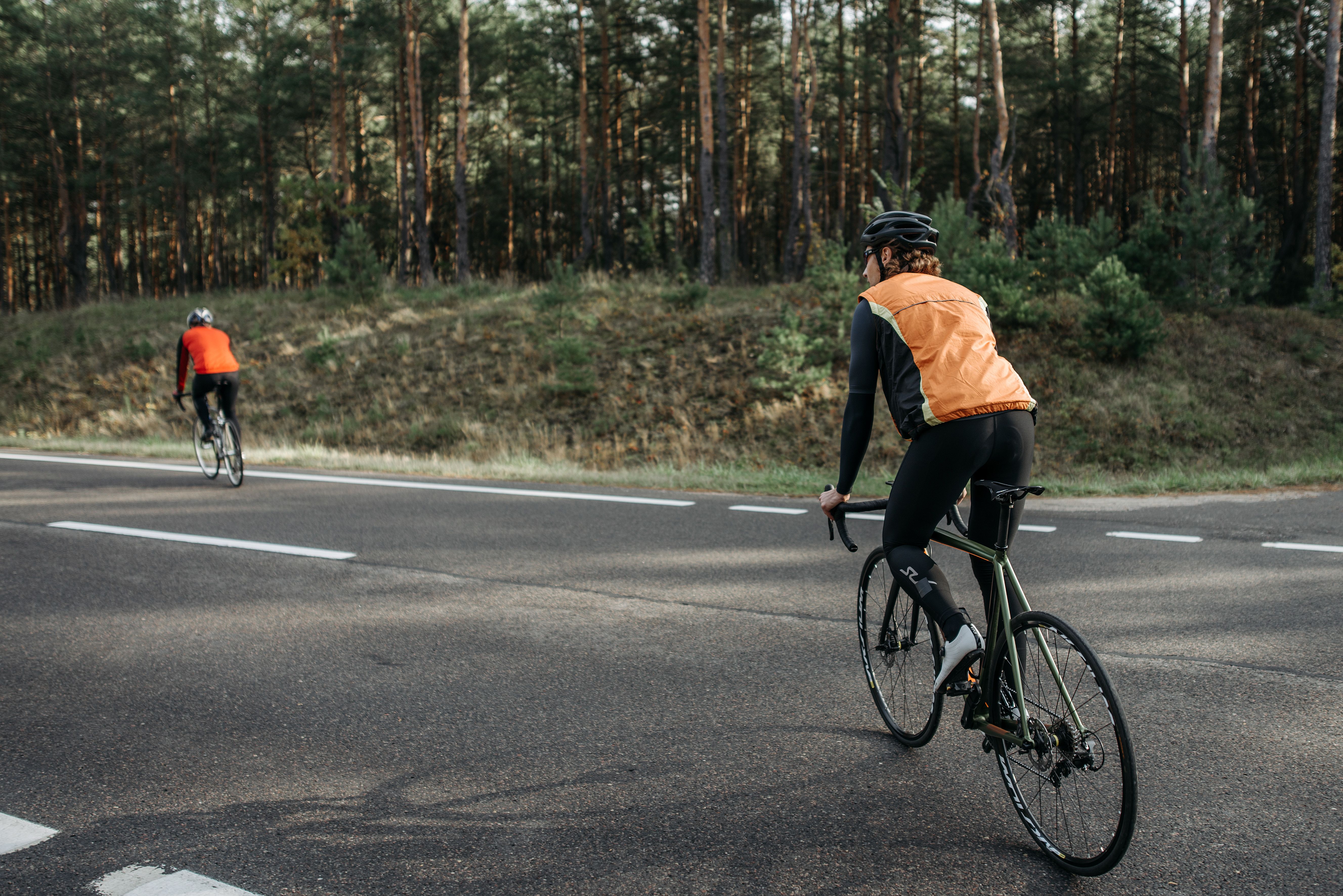 Zwei Radfahrende in Signaljacken auf einer Landstraße am Rand eines Kiefernwaldes, von hinten aufgenommen.