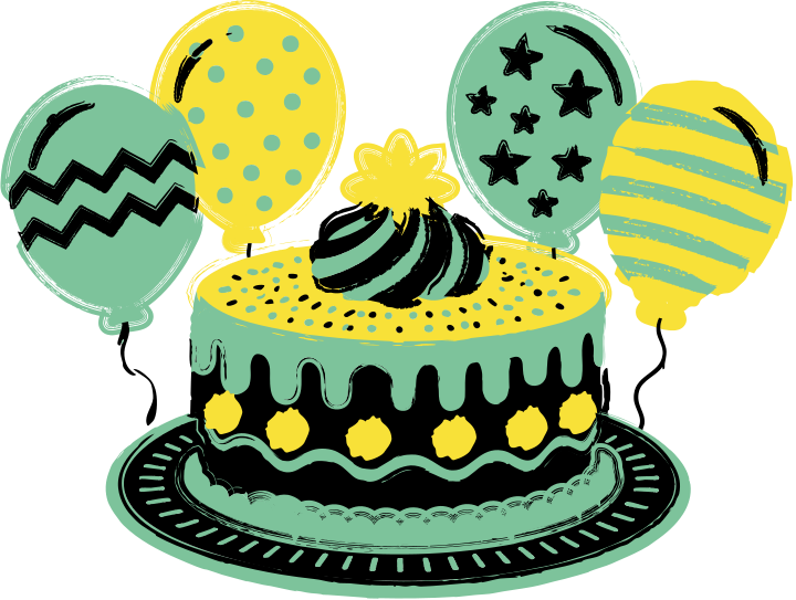 Birthday cake surrounded by patterned balloons
