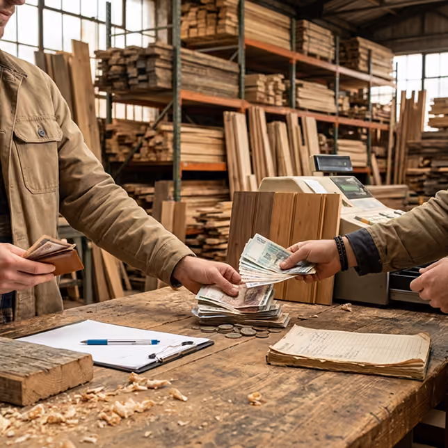 Two people exchanging cash at a wooden table in a workshop filled with stacked lumber and wood pieces, with a clipboard and pen on the table.