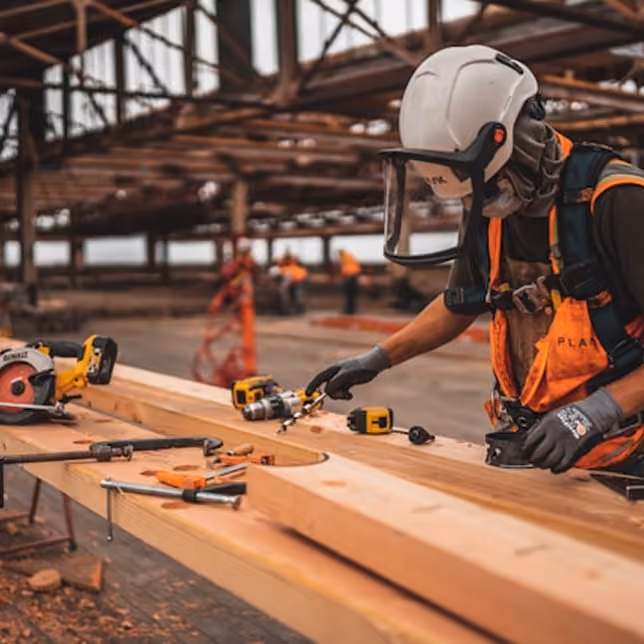 Construction worker wearing safety helmet with face shield, orange vest, and gloves, working with tools on a large wooden beam inside a partially built structure.