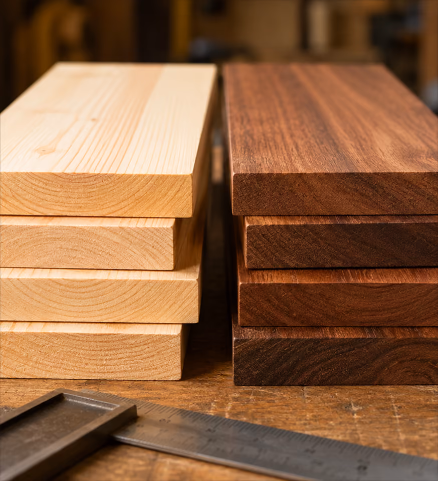 Softwood and hardwood timber side by side