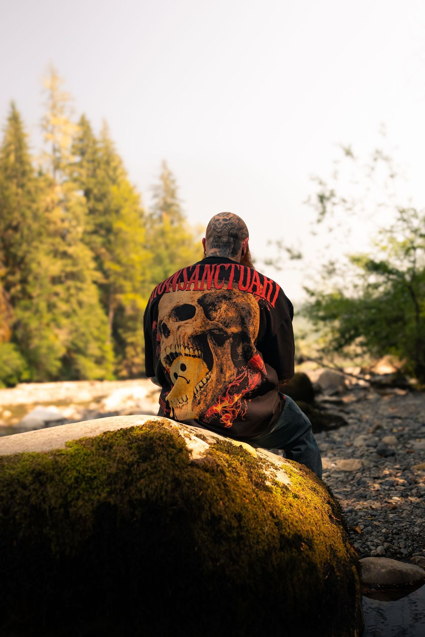 Seated on a mossy boulder by a river, back to camera, Iron Sanctuary skull graphic across the shirt