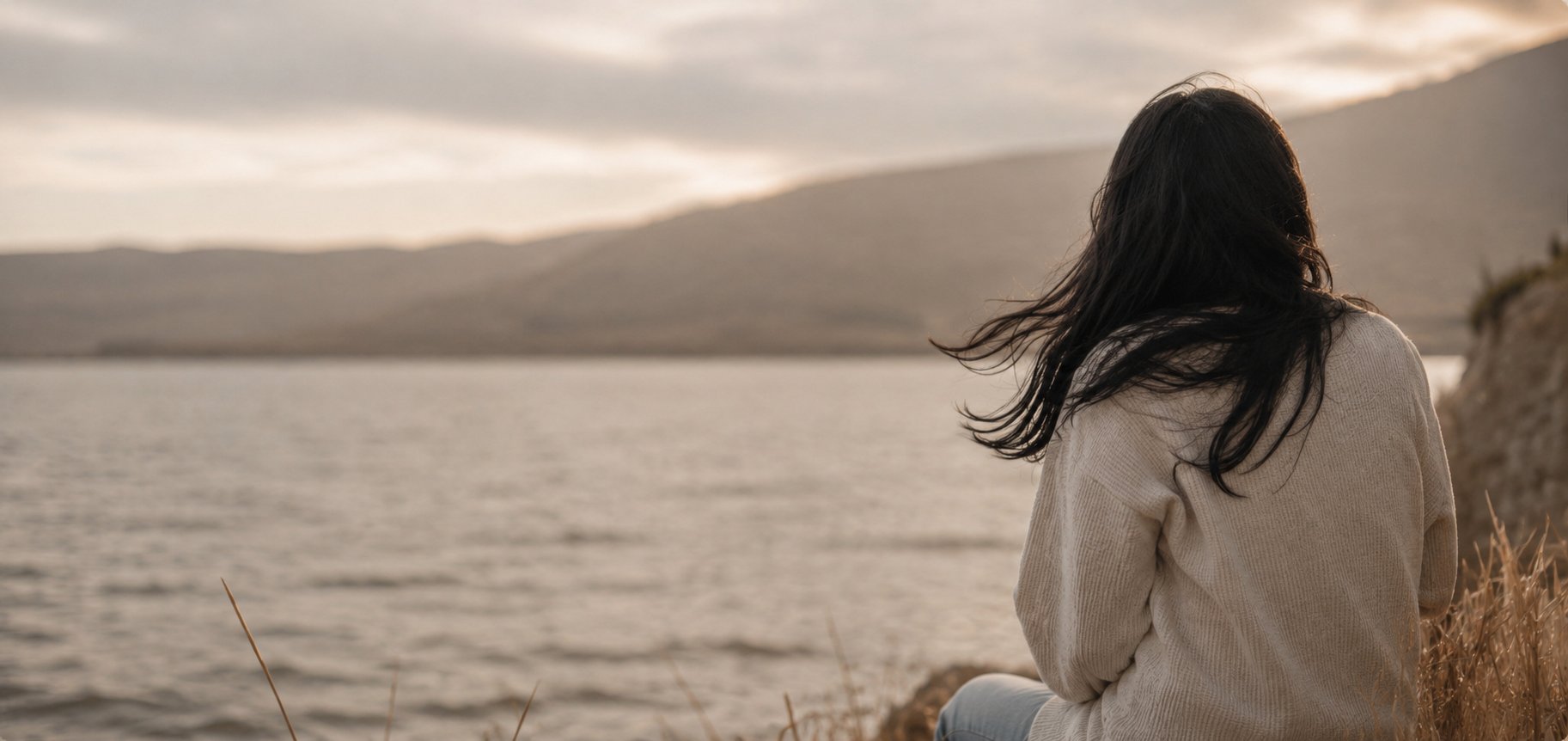 A woman looking out over a lake at sunset