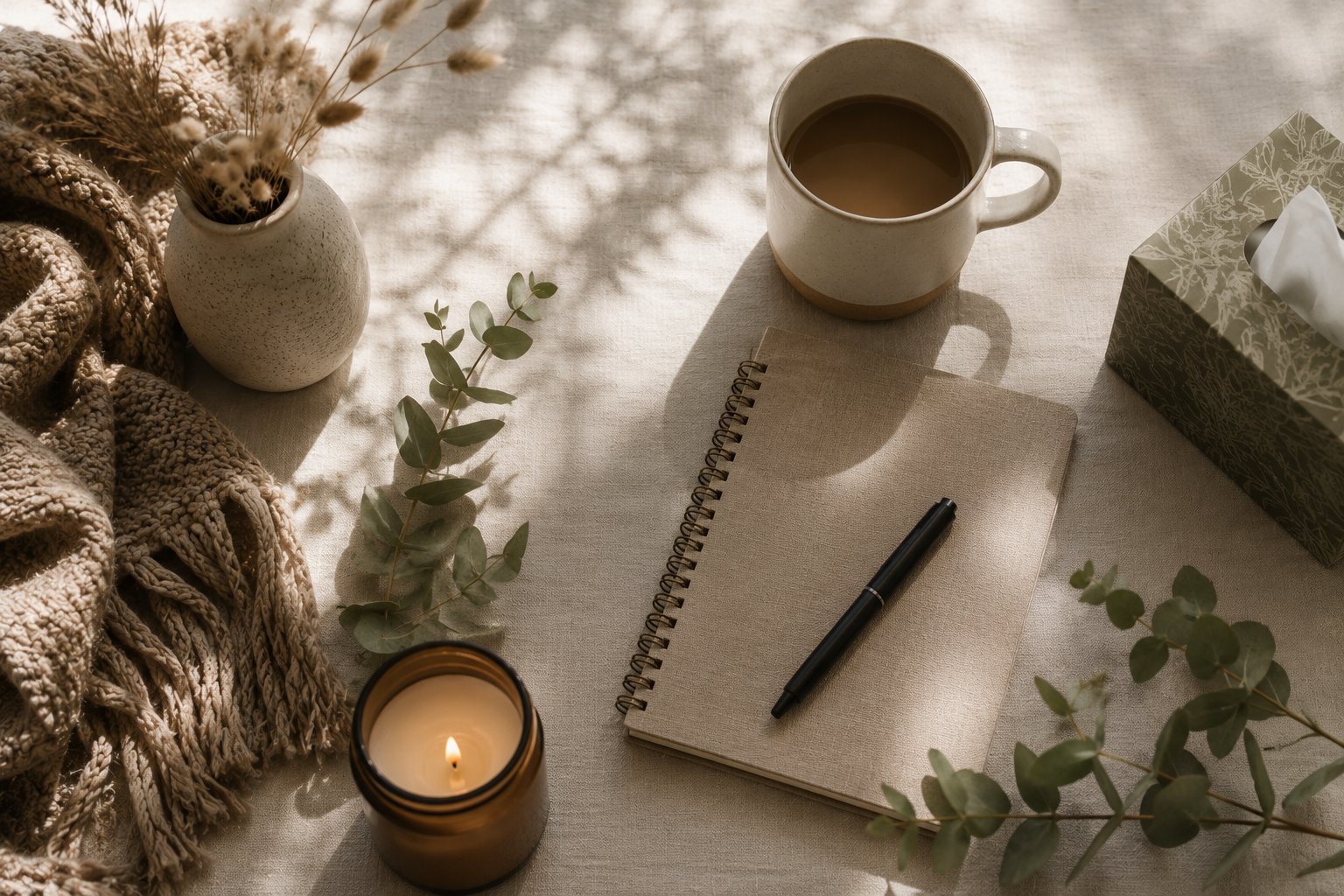 A calming space with tea and a journal