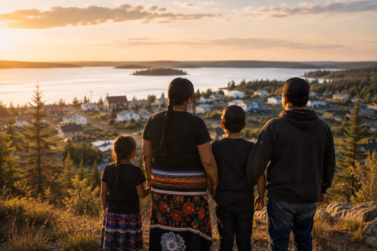 A family overlooking their community at sunset