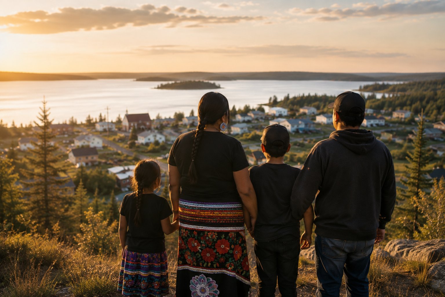 A family overlooking their community at sunset