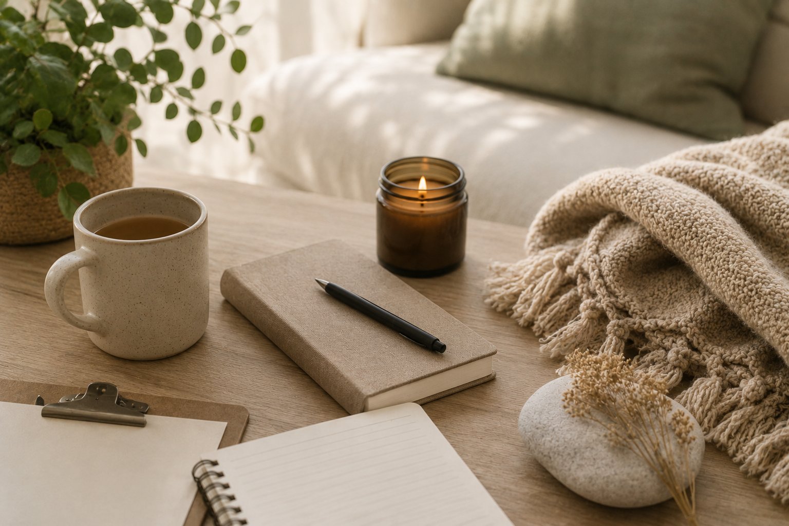 A notebook and tea on a calm table