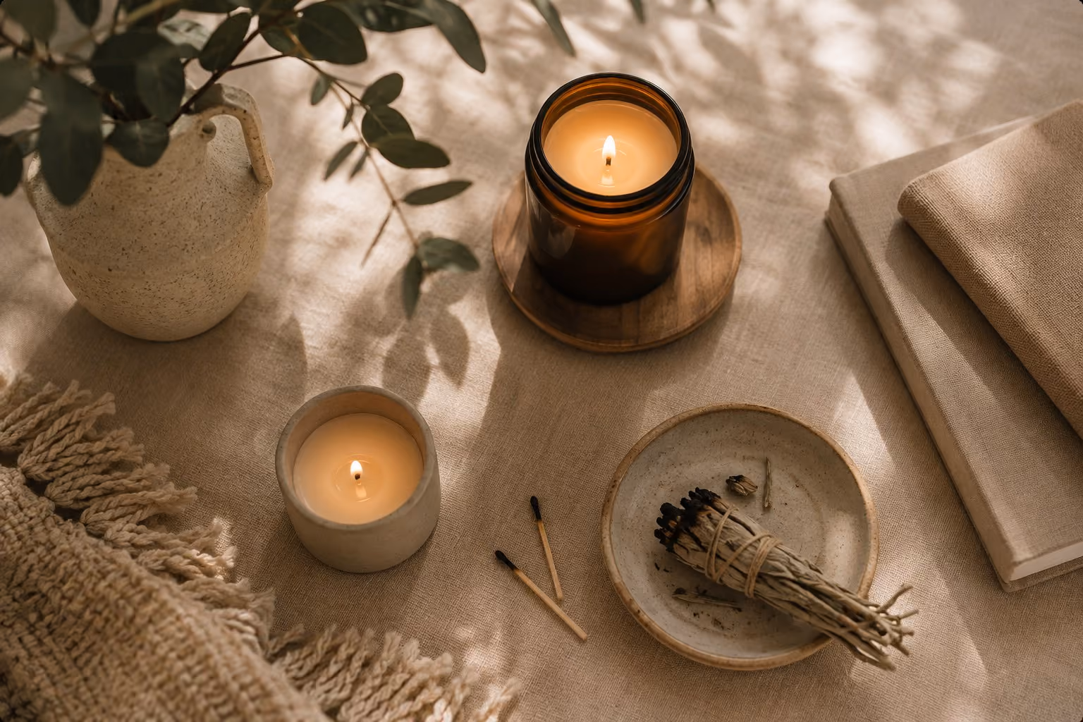 Candles and eucalyptus on a linen cloth