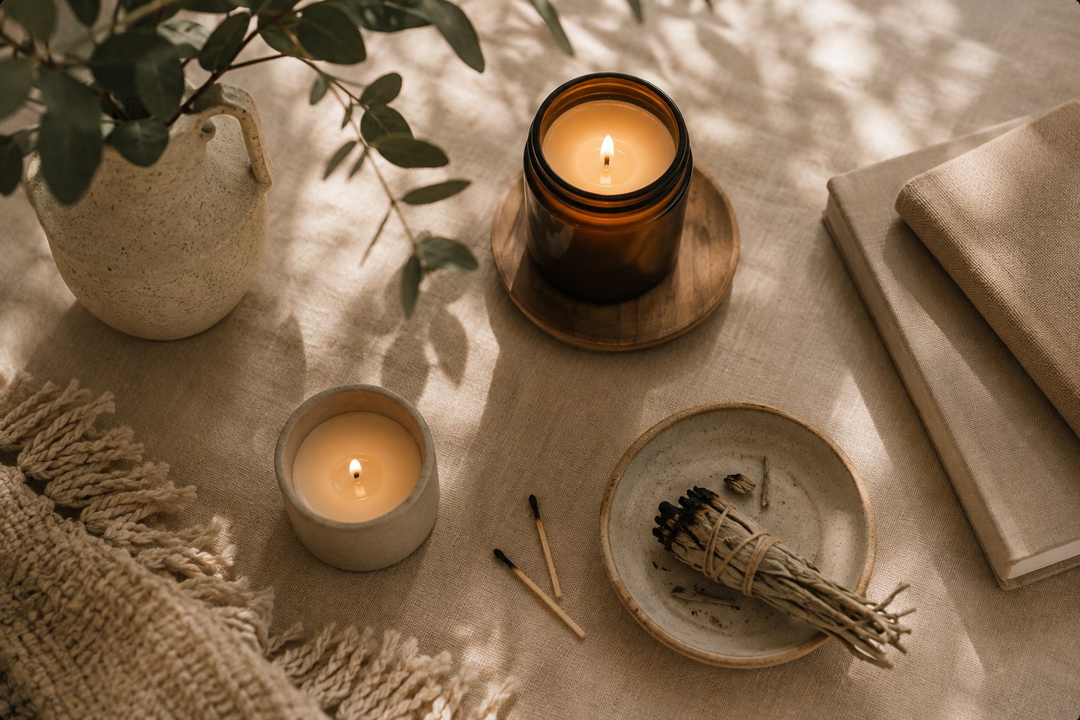 Candles and eucalyptus on a linen cloth