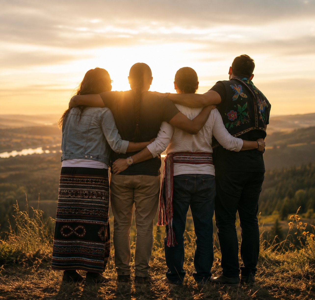 A family standing together at sunset