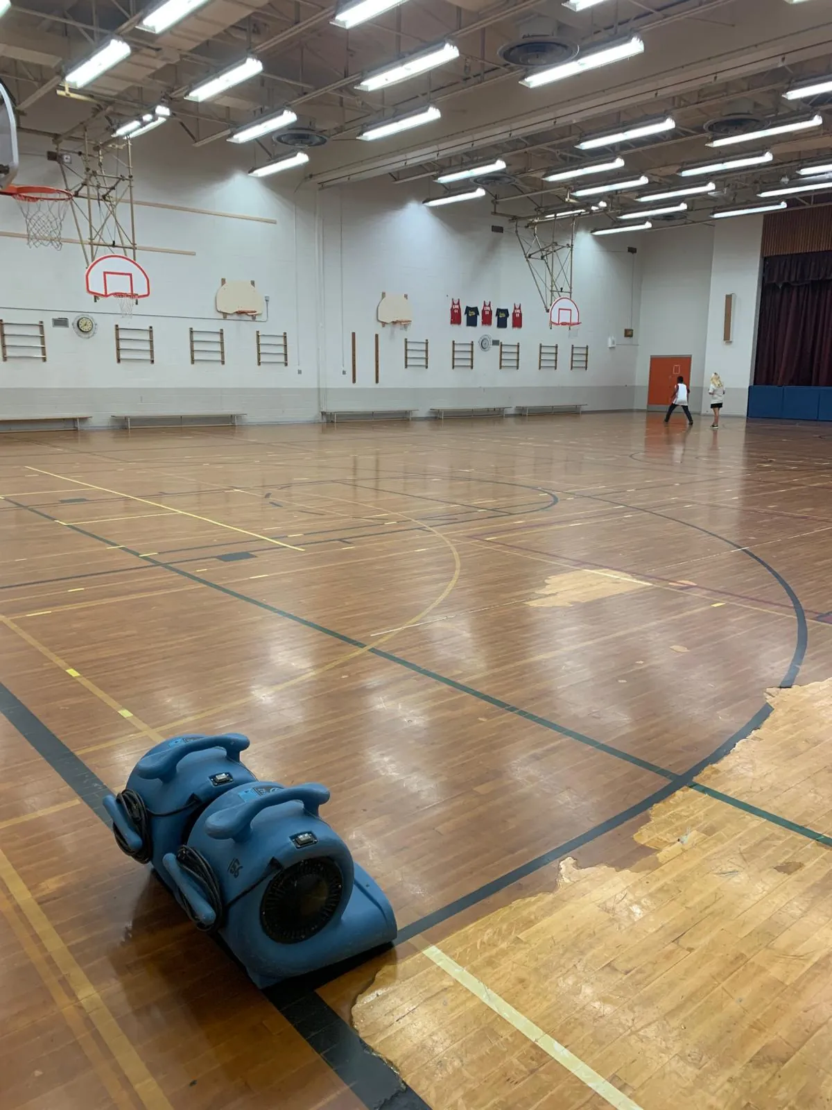 Air movers drying a water-damaged gymnasium hardwood floor in a South Florida facility