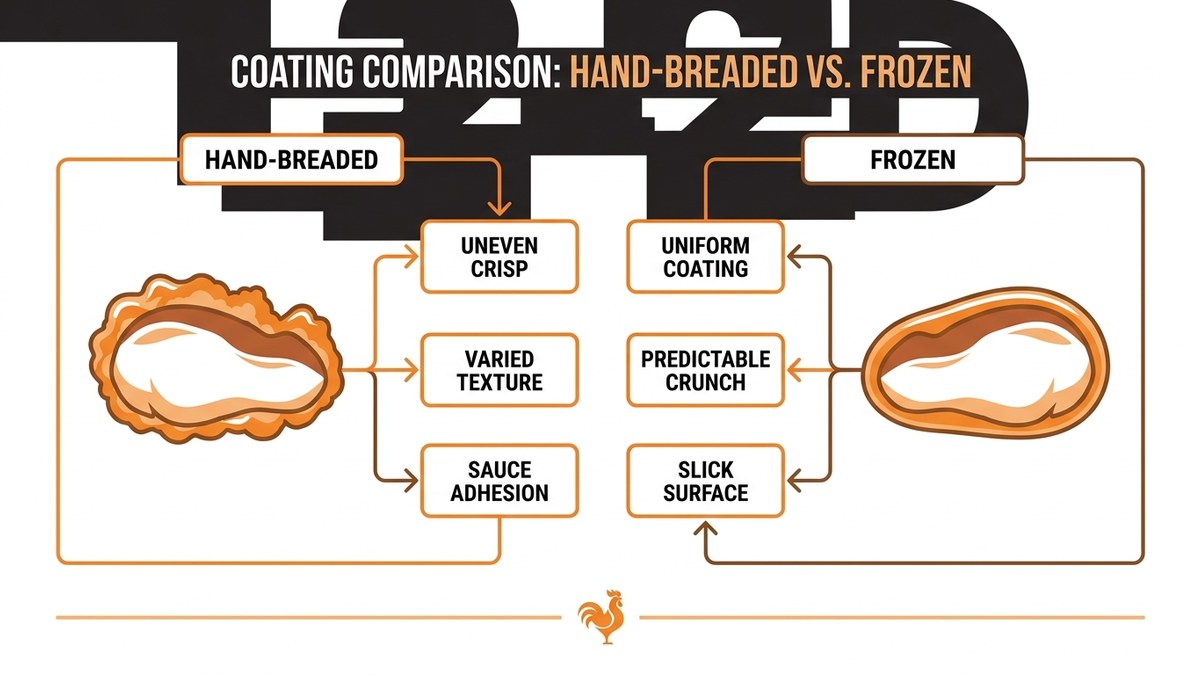 Diagram showing the cross-section of hand-breaded vs. frozen chicken coating, with labels pointing to texture differences
