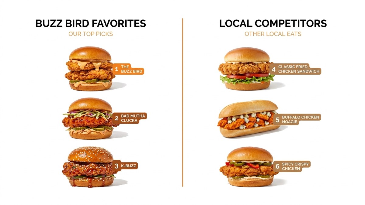 Comparison visual showing six different chicken sandwiches side by side, each labeled with its rank and restaurant name