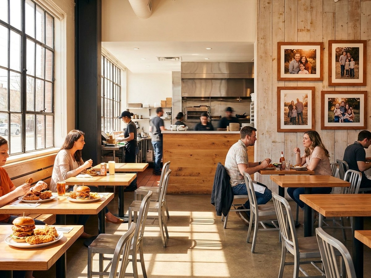 Styled editorial photo of a family-owned restaurant interior with warm lighting, open kitchen, and welcoming atmosphere