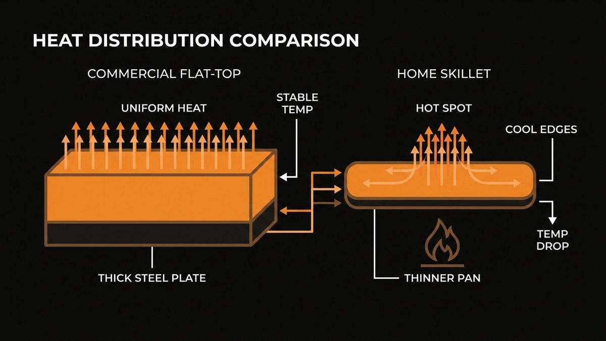Diagram showing heat transfer on a commercial flat-top griddle vs home cast-iron skillet