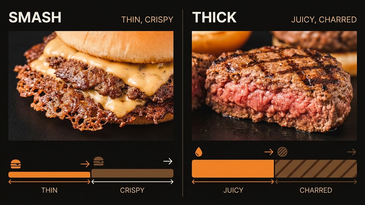 Side-by-side comparison illustration: thin smash burger patty with lacy crust vs thick pub-style burger with char marks