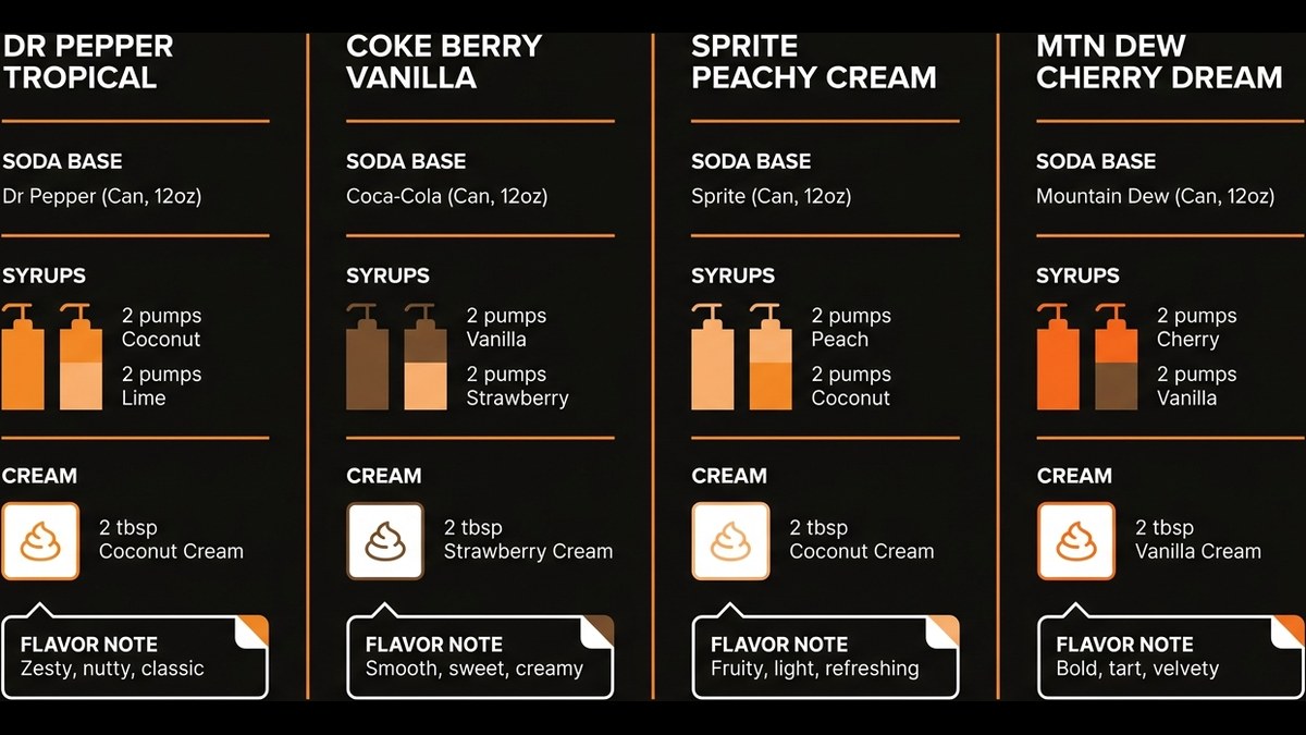A side-by-side comparison chart showing four popular dirty soda recipes with ingredient ratios
