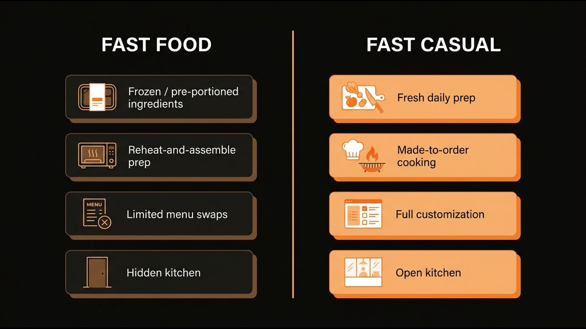 Comparison diagram showing fast food vs. fast casual across four dimensions: ingredient sourcing, prep method, customization, transparency