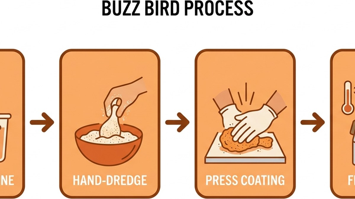 Step-by-step visual process of hand-breading a chicken tender, from raw chicken to brining to dredging to frying