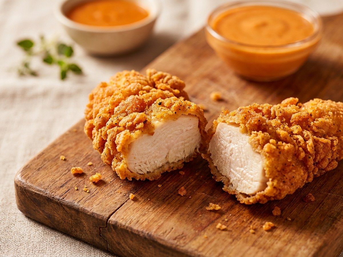 Close-up cross-section of a hand-breaded chicken tender, showing the thick crispy coating and juicy interior