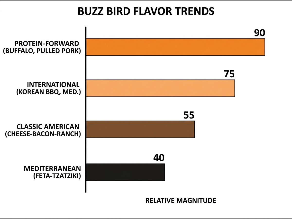 Bar chart comparing loaded fries topping categories: Protein-Forward, International, Classic American, and Mediterranean, with relative popularity shown