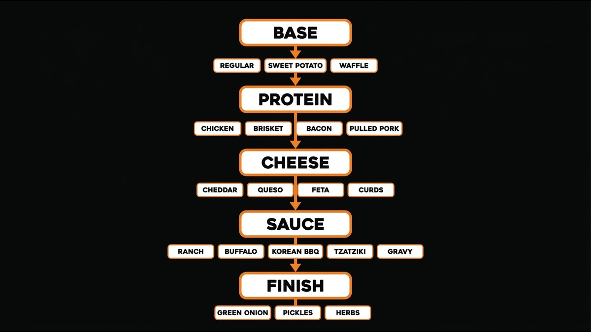Flowchart showing the build-your-own loaded fries decision tree: Base, Protein, Cheese, Sauce, Finish