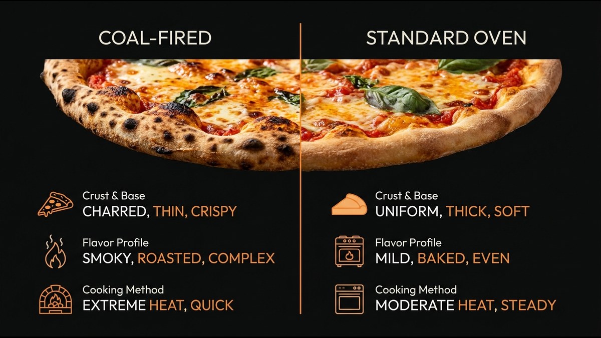 Comparison image showing coal-fired pizza crust texture and toppings versus standard oven pizza