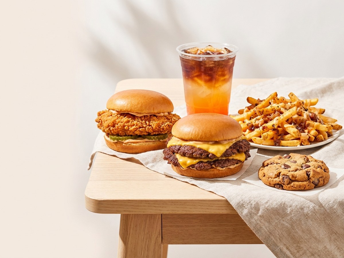 Collage of menu highlights: hand-breaded chicken sandwich, smash burger, loaded fries, dirty soda, and Bang Cookie on a bright, clean composition